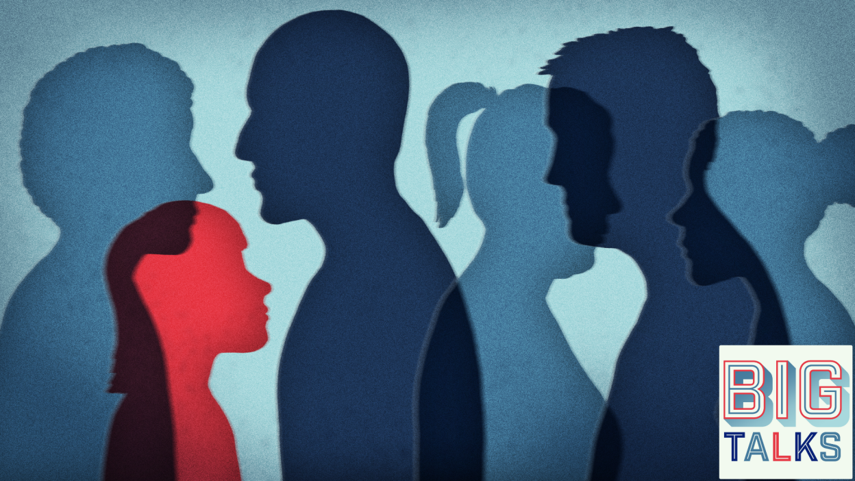 Illustration of silhouettes of different people in blue and one girl in red