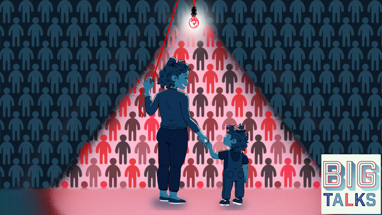 Illustration of a mom and child turning on a light in a room and see silhouettes of people on the wall in different colors