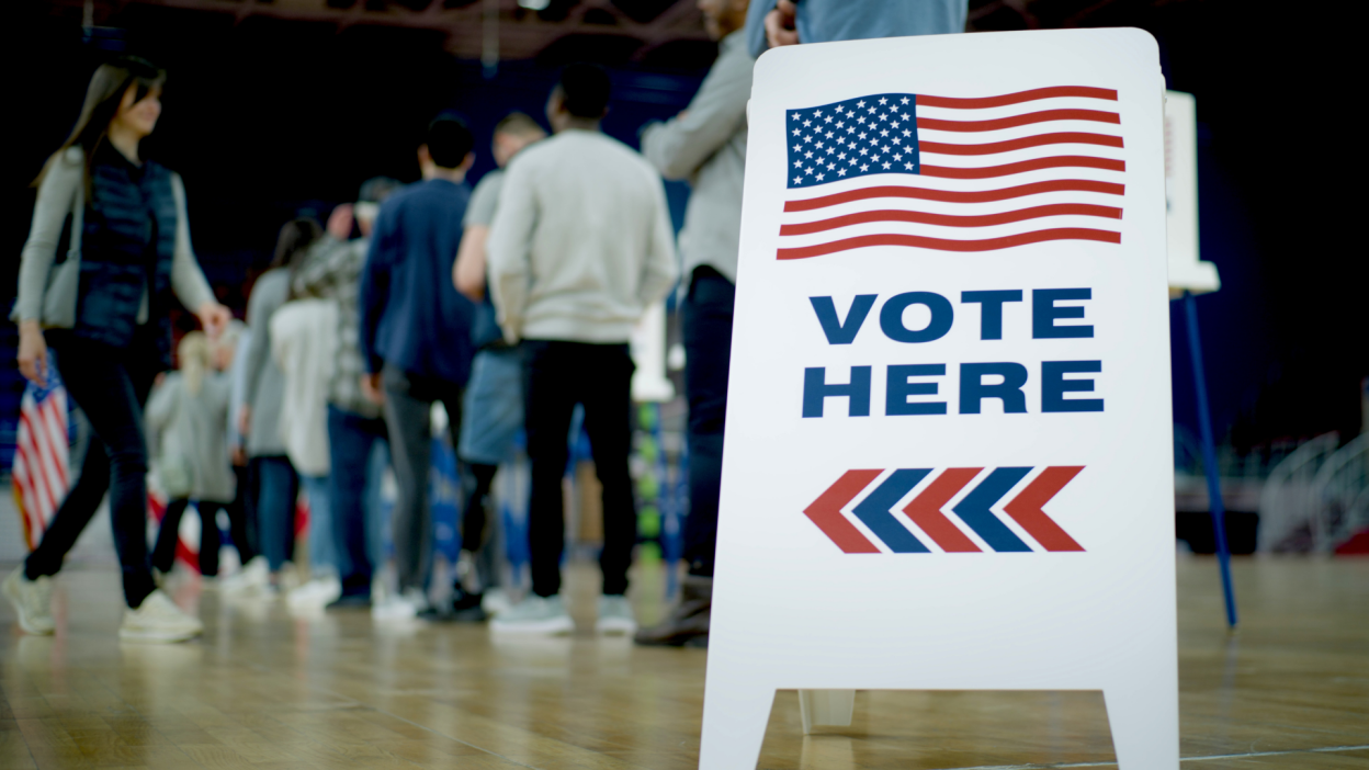 "vote here" sign in front of people in line at a polling location