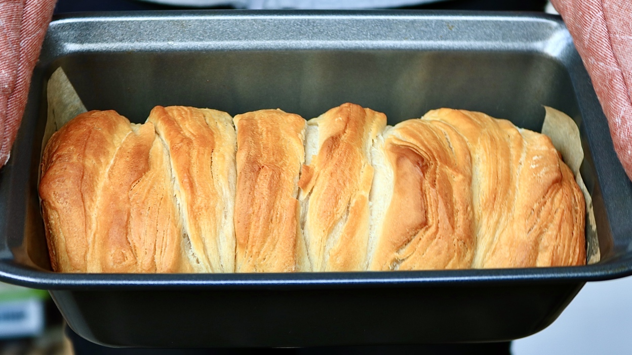 A loaf of bread in a pan.