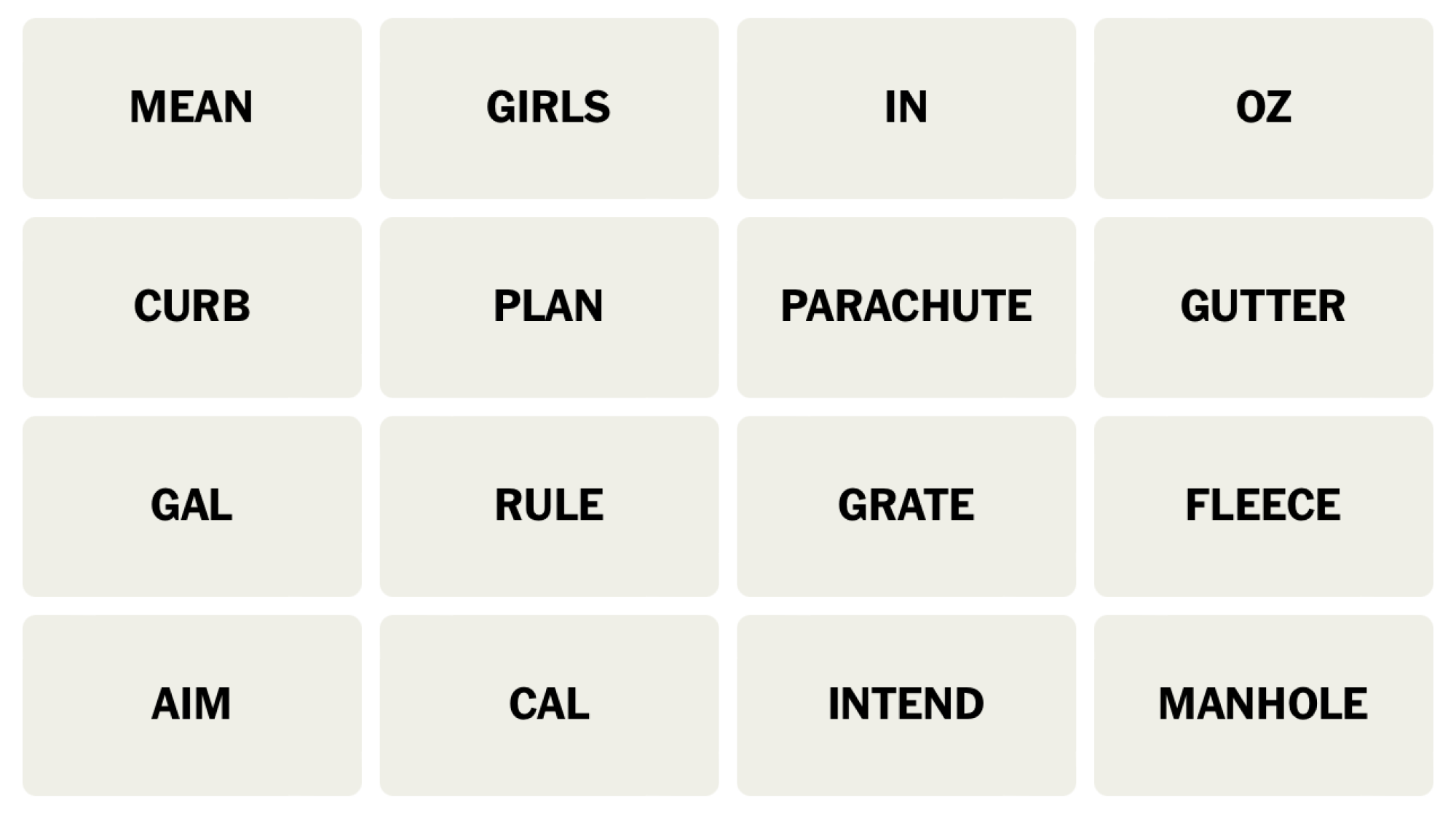 NYT Connections board for April 18, 2024: MEAN, GIRLS, IN, OZ, CURB, PLAN, PARACHUTE, GUTTER, GAL, RULE, GRATE, FLEECE, AIM, CAL, INTEND, MANHOLE.