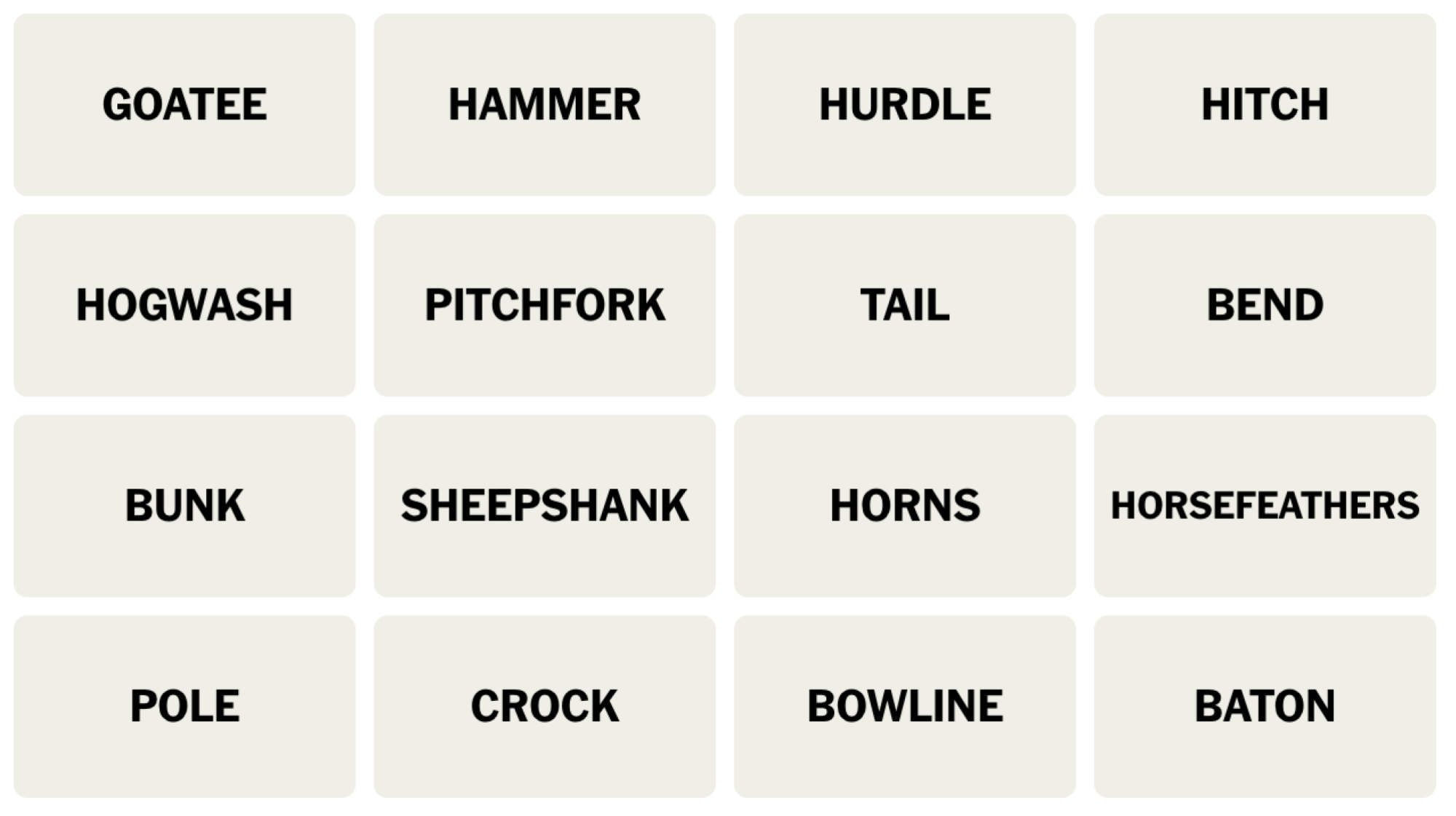 NYT Connections board for April 20, 2024: GOATEE, HAMMER, HURDLE, HITCH, HOGWASH, PITCHFORK, TAIL, BEND, BUNK, SHEEPSHANK, HORNS, HORSEFEATHERS, POLE, CROCK, BOWLINE, BATON.