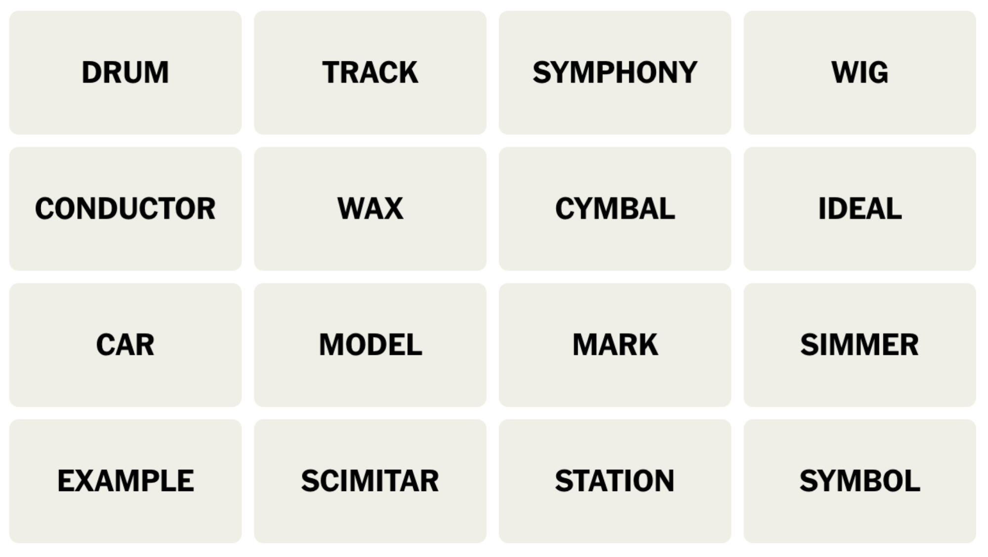 NYT Connections board for April 21, 2024: DRUM, TRACK, SYMPHONY, WIG, CONDUCTOR, WAX, CYMBAL, IDEAL, CAR, MODEL, MARK, SIMMER, EXAMPLE, SCIMITAR, STATION, SYMBOL.