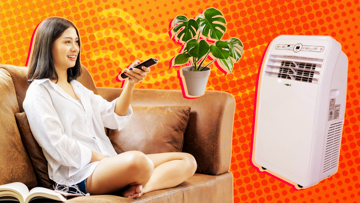 illustration of woman sitting on couch with plant and air conditioner nearby