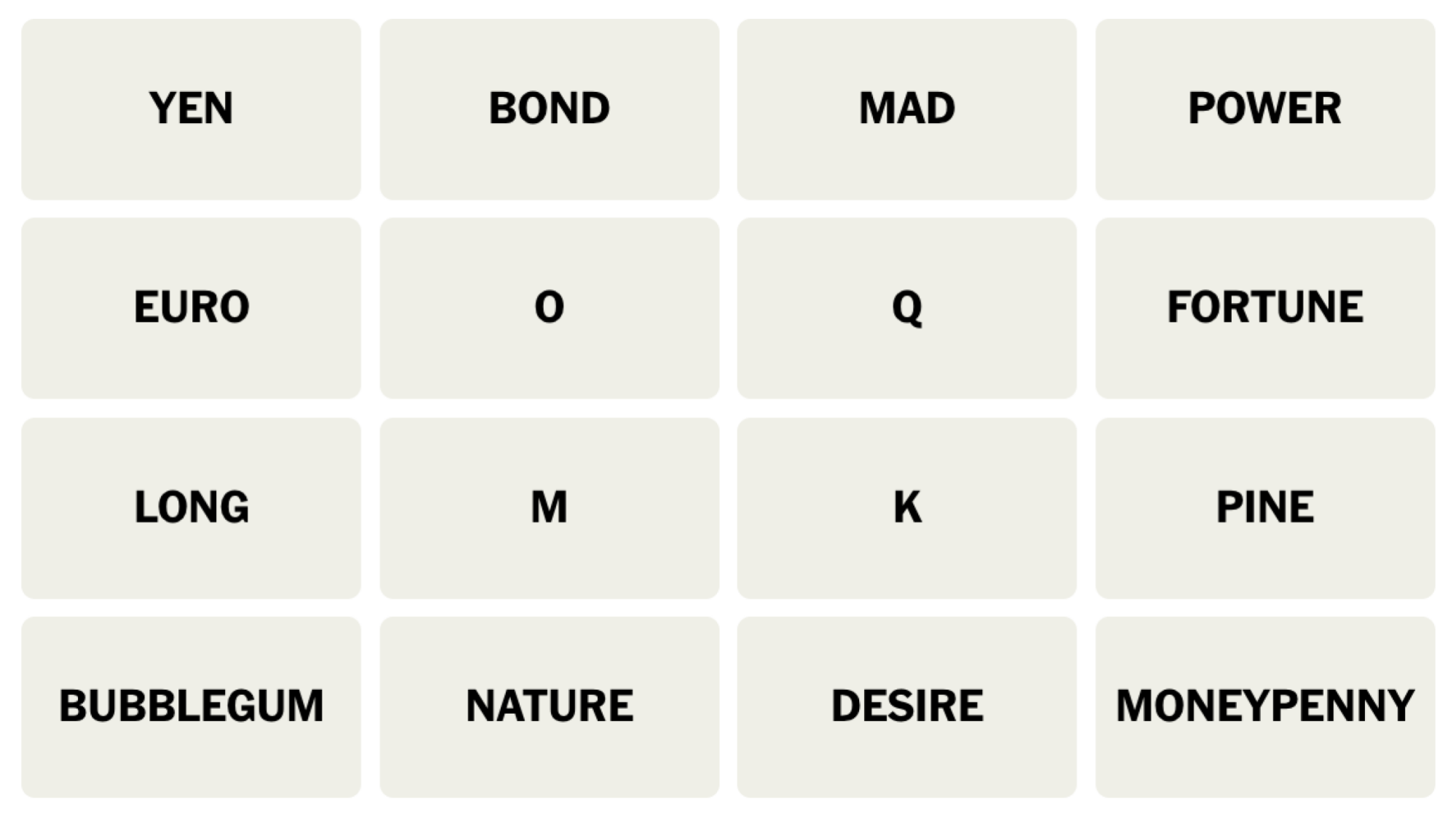 NYT Connections board for July 5, 2024: YEN, BOND, MAD, POWER, EURO, O, Q, LONG, M, K, PINE, BUBBLEGUM, NATURE, DESIRE, MONEYPENNY.