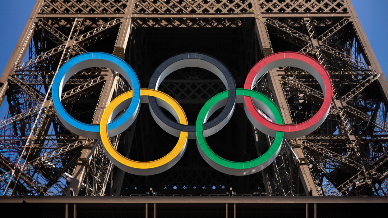  The Olympic Rings installed on the Eiffel Tower