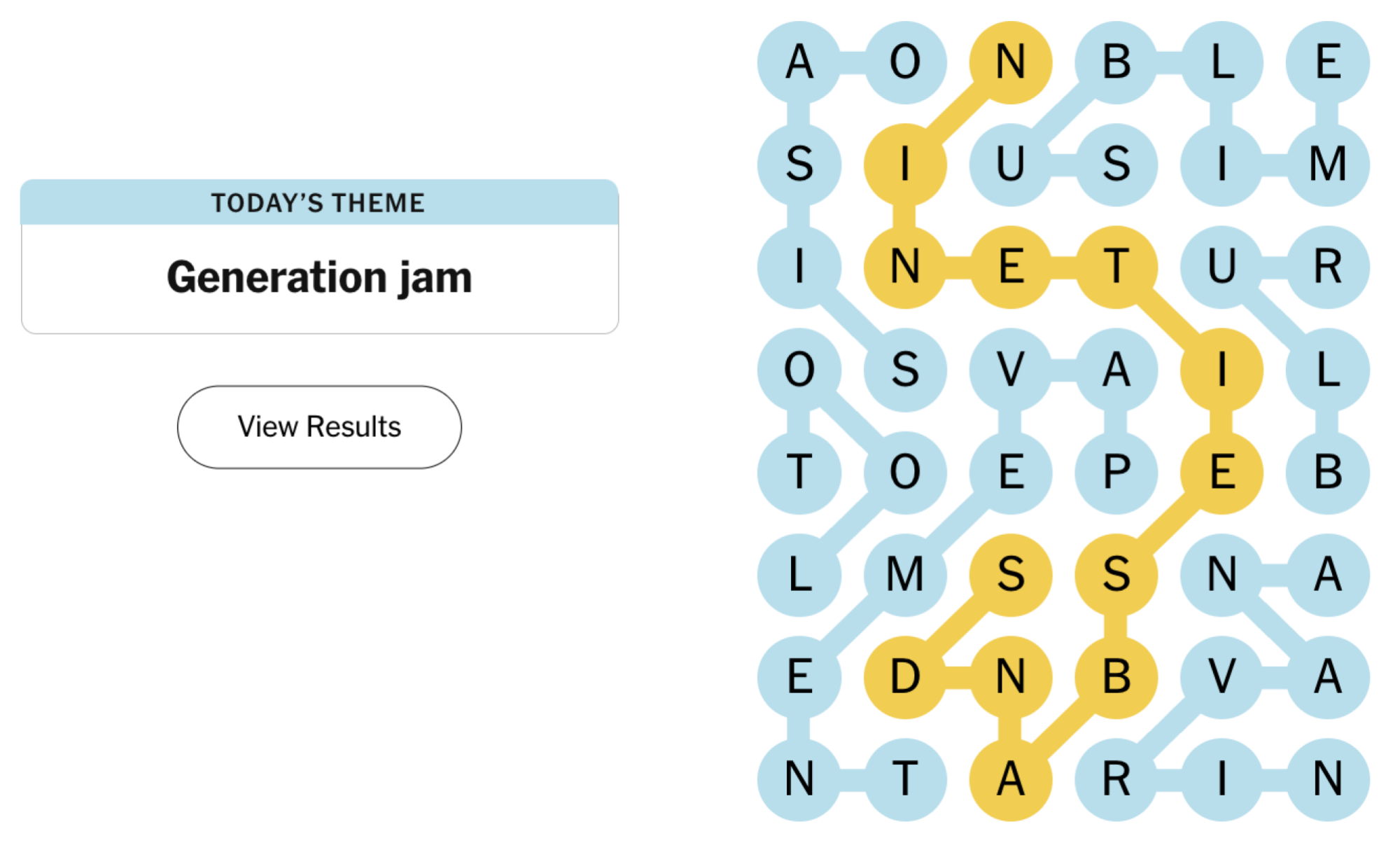 Completed NYT Strands board for November 9, 2024: Generation jam.