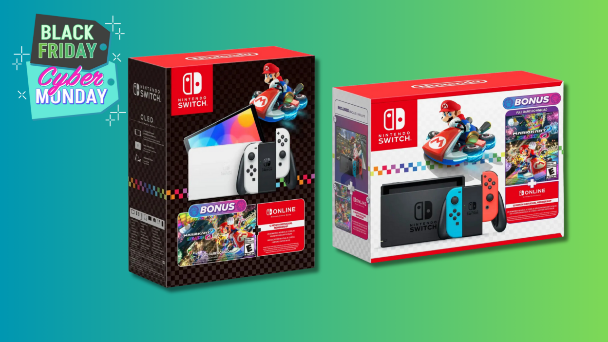 Nintendo Switch: Mario Kart 8 Deluxe Bundle and Nintendo Switch – OLED Model: Mario Kart 8 Deluxe Bundle - [ ] on a teal and green background with a Black Friday and Cyber Monday sticker. 