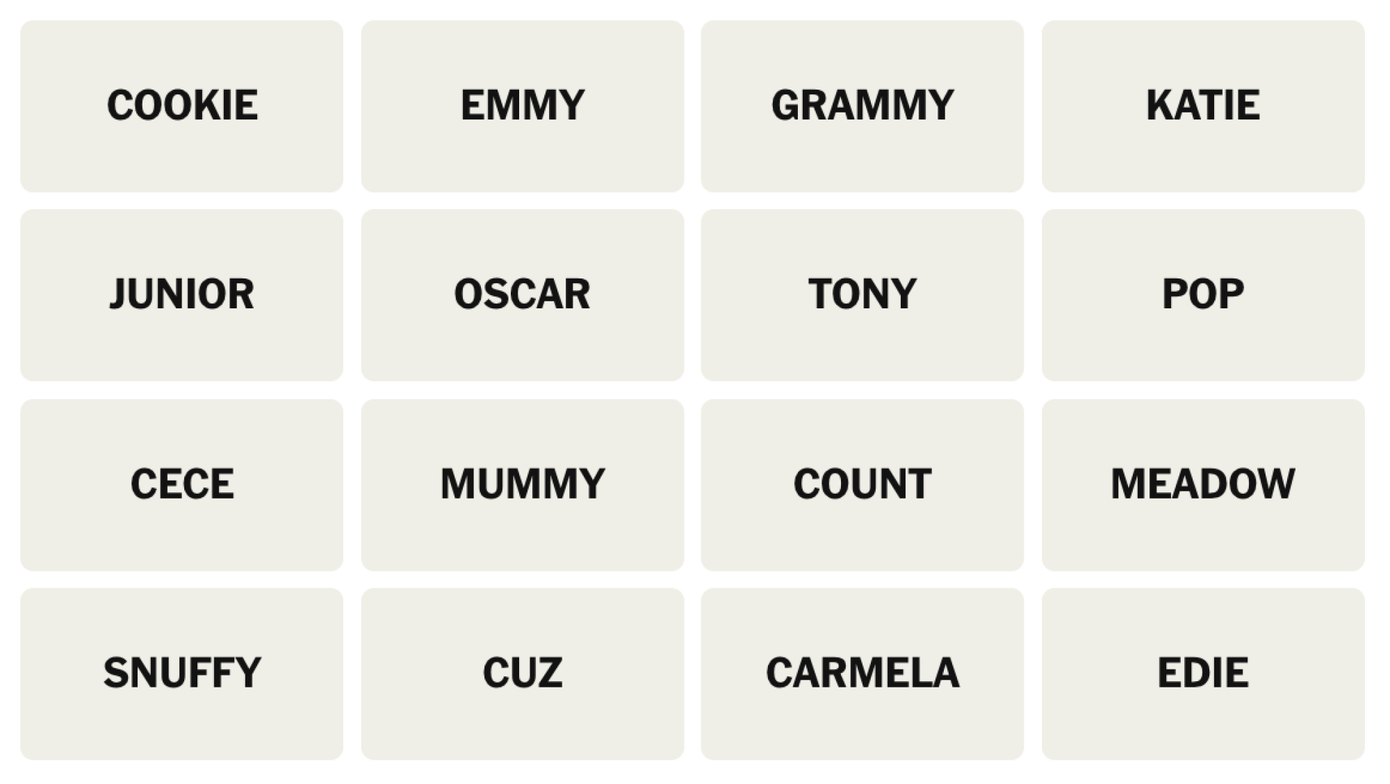 NYT Connections board for December 3, 2024: COOKIE, EMMY, GRAMMY, KATIE, JUNIOR, OSCAR, TONY, POP, CECE, MUMMY, COUNT, MEADOW, SNUFFY, CUZ, CARMELA, EDIE.