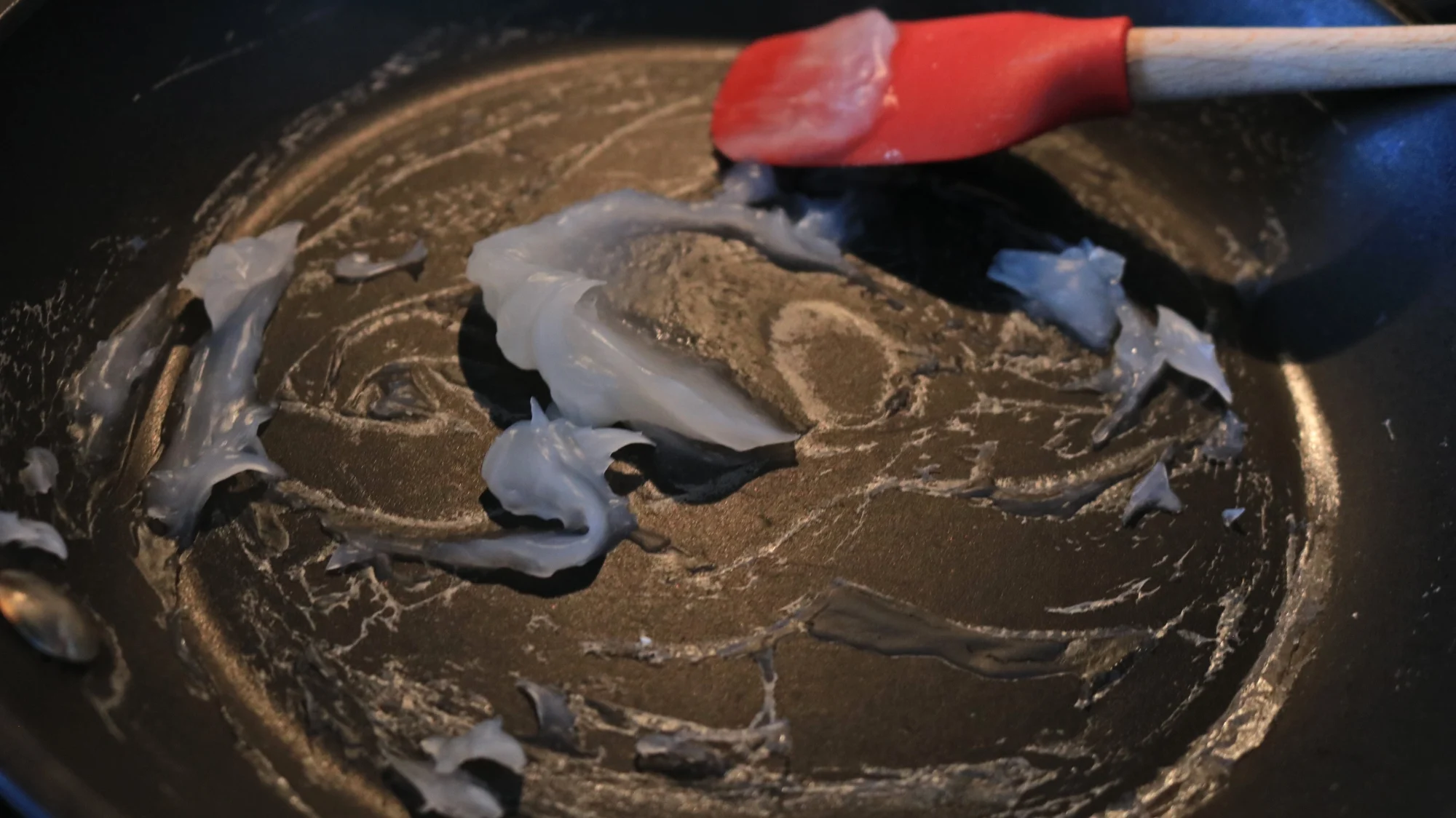 A cornstarch gel in a frying pan.