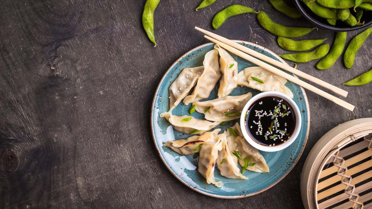 Frozen dumplings and edamame