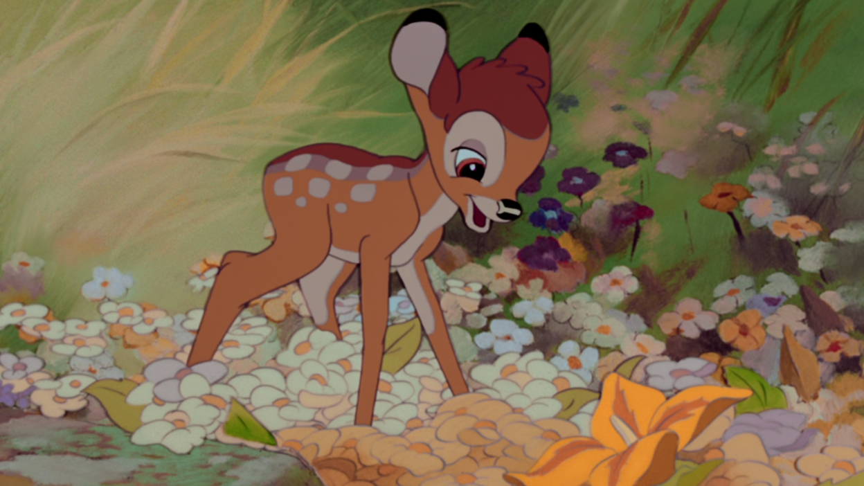 Screenshot from Bambi of Bambi in a field of flowers